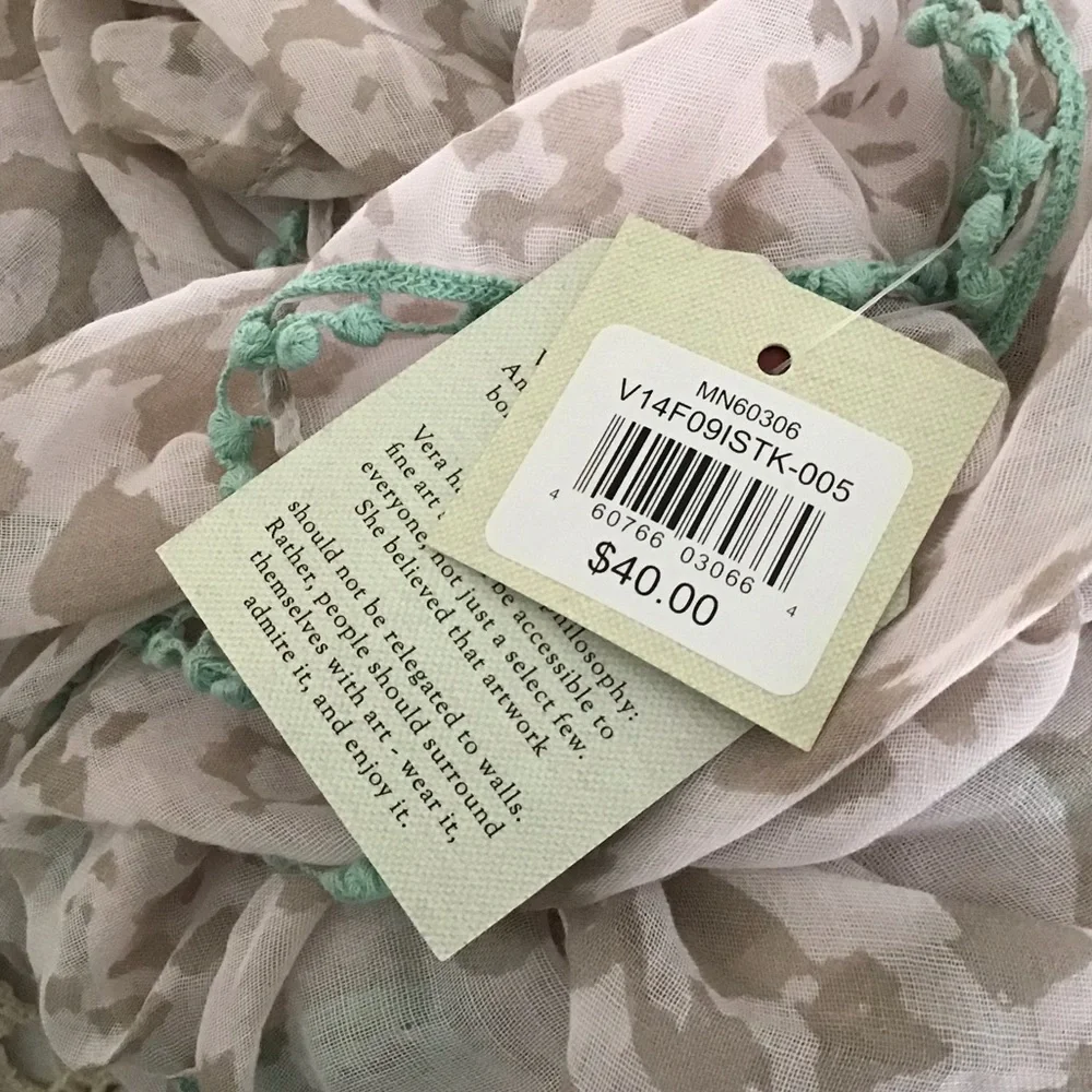 Vera Neumann American boho neutral print green Pom Pom scarf NWT